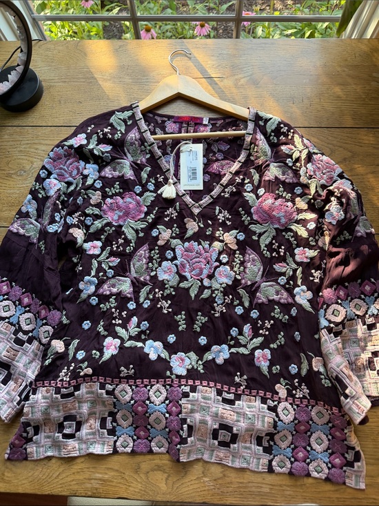 Johnny Was Tops - Johnny Was Plum Embroidered Floral V-Neck Tunic with Pink & Mint Accents